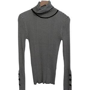 Anthropologie Black White Striped Long Sleeve Top Womens Sz M Button Sleeve